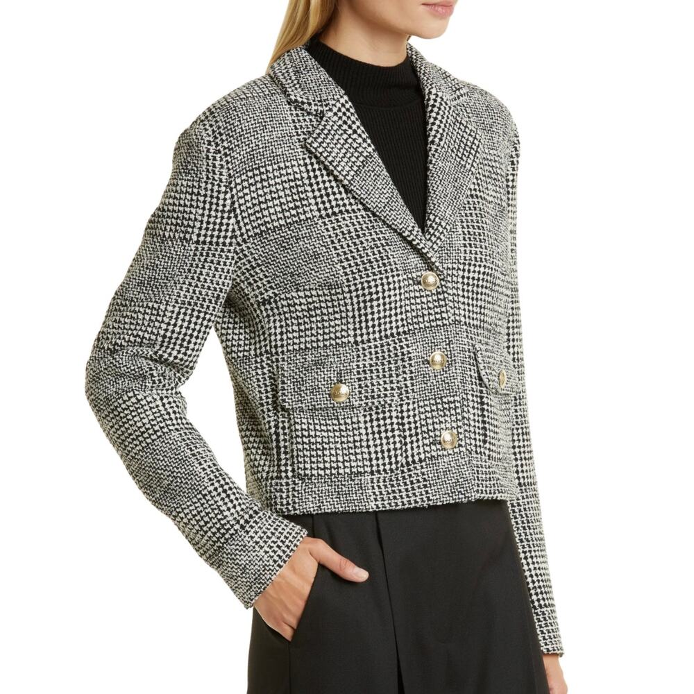 BOSS Hugo Boss Jurilla Cropped Tweed Blazer 4 Black White Houndstooth Gold